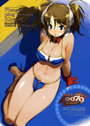 Rule 34 | 1girl, :o, adapted costume, ahoge, arm support, arms behind back, artist name, bikini, blue bikini, blush, boots, breasts, character name, cleavage, copyright name, crotch zipper, dated, detached collar, english text, from above, gloves, gundam, gundam 0079 card builder, gundam card builder, hair between eyes, hair ribbon, high heels, large breasts, long legs, navel, official art, open mouth, parted bangs, platform footwear, red gloves, reiko holinger, ribbon, shade, shaded face, shadow, short hair, short twintails, sideboob, signature, sitting, skindentation, solo, swimsuit, third-party edit, twintails, yoshizaki mine, zipper