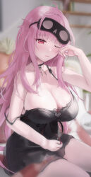 Rule 34 | 1girl, absurdres, akahoshi azu, black nightgown, breasts, cleavage, highres, hololive, hololive english, large breasts, long hair, messy hair, mori calliope, mori calliope (sleepwear), nightgown, official alternate costume, one eye closed, pink eyes, pink hair, pink nails, rubbing eyes, sleep mask, strap slip, virtual youtuber