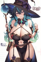 Rule 34 | 1girl, aqua hair, belt, black cape, black dress, black hair, black thighhighs, bracer, breasts, brown hair, cape, cleavage, clenched hand, commentary request, curvy, detached collar, dress, drill hair, garter straps, gradient hair, green hair, hair between eyes, hat, highres, holding, holding wand, huge breasts, kannko bokujou, large breasts, long hair, looking at viewer, multicolored hair, navel, orb, original, parted lips, pelvic curtain, pouch, purple eyes, revealing clothes, simple background, solo, standing, thick eyebrows, thighhighs, thighs, twin drills, wand, white background, witch hat