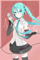 Rule 34 | 1girl, absurdres, arm tattoo, bare shoulders, black skirt, black thighhighs, collared shirt, commentary request, cowboy shot, detached sleeves, frown, green eyes, green hair, green necktie, grey shirt, hair between eyes, hair ornament, hatsune miku, highres, holding, holding microphone, juzi wei qishui, long hair, microphone, miniskirt, necktie, pleated skirt, red background, shirt, skirt, solo, tattoo, thighhighs, twintails, vocaloid, zettai ryouiki