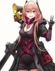 Rule 34 | 1girl, absurdres, assault rifle, bag (chrko bag), banana (girls&#039; frontline), black jacket, breasts, cleavage, commentary, cowboy shot, english commentary, fang, girls&#039; frontline, gun, hair between eyes, headgear, highres, holding, holding gun, holding weapon, hood, hood down, hooded jacket, jacket, long hair, looking at viewer, m4 carbine, m4 sopmod ii (girls&#039; frontline), m4 sopmod ii (mod3) (girls&#039; frontline), mechanical arms, medium breasts, megaphone, mod3 (girls&#039; frontline), open mouth, pink hair, red eyes, rifle, short sleeves, simple background, single mechanical arm, smile, solo, w, weapon, white background, zipper pull tab