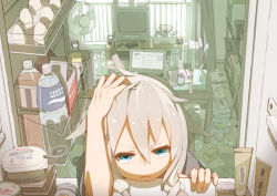 Rule 34 | 1girl, aqua eyes, bad id, bad pixiv id, bag, blonde hair, bottle, braid, computer, egg, hand fan, hand on own head, ia (vocaloid), laptop, looking at viewer, messy room, milk carton, mouse (computer), napkin, refrigerator, solo, sweat, television, tomioka jirou, twin braids, upper body, vocaloid, water bottle