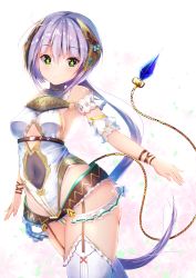 Rule 34 | 1girl, armpits, atelier (series), atelier sophie, belt, breasts, covered navel, cowboy shot, expressionless, frills, green eyes, hair ornament, highres, leotard, long hair, looking at viewer, medium breasts, plachta, ponytail, silver hair, simple background, solo, symbol-shaped pupils, thighhighs, white background, white leotard, white thighhighs, ymd (holudoun)