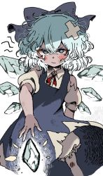 Rule 34 | 1girl, bandaid, bandaid on face, bloomers, blue dress, blue eyes, blue hair, blush, bow, cirno, dress, hair between eyes, hair bow, ice, ice wings, igarashi yuusuke (wabisabi buriki), looking at viewer, puffy short sleeves, puffy sleeves, serious, short hair, short sleeves, simple background, solo, touhou, underwear, v-shaped eyebrows, white background, wings