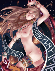 Rule 34 | 1girl, breasts, brown hair, closed eyes, copyright request, cowboy shot, elf, jewelry, large breasts, long hair, necklace, nipples, parted lips, pointy ears, runes, solo, standing, takemura sessyu