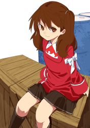 Rule 34 | 1girl, absurdres, alternate hairstyle, brown eyes, brown hair, brown socks, brown skirt, crate, drum (container), highres, japanese clothes, kantai collection, kariginu, kneehighs, long hair, looking at viewer, nanao (aoyamahikari), pleated skirt, red shirt, ryuujou (kancolle), shirt, simple background, skirt, socks, solo, two side up, white background