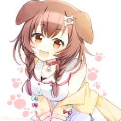 Rule 34 | 1girl, :3, animal collar, animal ears, bad id, bad pixiv id, blush, bone, bone hair ornament, bow, bowtie, braid, breasts, brown eyes, brown hair, buttons, cleavage, collar, collarbone, dog ears, dog girl, dress, hair ornament, hairclip, highres, hololive, inugami korone, inugami korone (1st costume), machi (alice98), medium breasts, medium hair, open mouth, paw print, paw print pattern, solo, twin braids, twitter username, virtual youtuber, white background, white dress, yellow sleeves