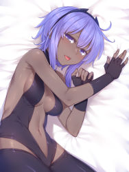 Rule 34 | 1girl, bare arms, bed sheet, black gloves, blush, breasts, commentary request, dark-skinned female, dark skin, fate/prototype, fate/prototype: fragments of blue and silver, fate (series), fingerless gloves, gloves, hairband, hassan of serenity (fate), looking at viewer, lying, medium breasts, navel, on side, open mouth, purple eyes, purple hair, racer (magnet), revealing clothes, short hair, sideboob, solo