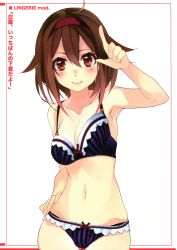 Rule 34 | 10s, 1girl, absurdres, armpits, bow, bow bra, bow panties, bra, breasts, brown eyes, brown hair, cleavage, collarbone, cowboy shot, frilled bra, frilled panties, frills, hairband, hand on own hip, highres, index finger raised, kantai collection, long hair, looking at viewer, medium breasts, navel, panties, purple bra, purple panties, red hairband, shiratsuyu (kancolle), shirokitsune, smile, solo, standing, striped bra, striped clothes, striped panties, underwear, underwear only, vertical-striped bra, vertical-striped clothes, vertical-striped panties, white background