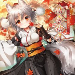 Rule 34 | 1girl, album cover, animal ears, blush, breasts, bridal gauntlets, cover, detached sleeves, hat, highres, inubashiri momiji, japanese clothes, kei kei, kourindou tengu costume, leaf, looking at viewer, maple leaf, obi, red eyes, sash, short hair, silver hair, smile, solo, tail, tokin hat, touhou, wolf ears, wolf tail