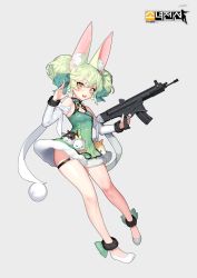 Rule 34 | 1girl, :3, absurdres, animal ear fluff, animal ears, ankle cuffs, ankle ribbon, art556 (girls&#039; frontline), art556 (white cabbage) (girls&#039; frontline), brazil, charles (106858), commentary, copyright name, detached sleeves, double bun, dress, fang, fur-trimmed dress, fur-trimmed sleeves, fur trim, girls&#039; frontline, green dress, green hair, green ribbon, grey background, gun, hair bun, hair ribbon, highres, holding, holding gun, holding weapon, leg ribbon, looking at viewer, official alternate costume, open mouth, pom pom (clothes), ribbon, ribbon-trimmed sleeves, ribbon trim, side bun, simple background, sleeveless, sleeveless dress, smile, solo, taurus art556, thigh strap, weapon, white footwear, white sleeves, yellow eyes