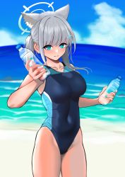 Rule 34 | 1girl, absurdres, animal ear fluff, animal ears, beach, black one-piece swimsuit, blue archive, blue eyes, blue sky, bottle, breasts, cloud, competition swimsuit, covered navel, cross hair ornament, day, extra ears, grey hair, hair ornament, halo, highres, horizon, looking at viewer, low ponytail, medium breasts, medium hair, mismatched pupils, multicolored clothes, multicolored swimsuit, ocean, one-piece swimsuit, outdoors, sen (central 9029), shiroko (blue archive), shiroko (swimsuit) (blue archive), sky, smile, solo, swimsuit