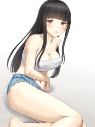 Rule 34 | 1girl, bandeau, bare shoulders, black hair, blue shorts, blunt bangs, blush, breasts, cleavage, collarbone, commentary request, covered erect nipples, denim, denim shorts, gradient background, grey background, highres, large breasts, long hair, looking at viewer, meow (nekodenki), midriff, navel, open mouth, original, red eyes, shorts, sitting, solo, thighs