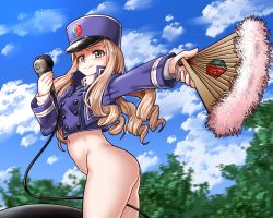 Rule 34 | 1girl, ass, bc freedom military uniform, blonde hair, blush, bottomless, breasts, closed mouth, drill hair, girls und panzer, green eyes, hat, highres, long hair, looking at viewer, looking to the side, marie (girls und panzer), military, military hat, military uniform, outdoors, sky, small breasts, smile, solo, uniform, yahankkwo
