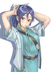 Rule 34 | adjusting hair, ahoge, arms behind head, arms up, blue eyes, blue hair, breasts, closed mouth, fir (fire emblem), fire emblem, highres, kilye kairi, large breasts, long hair, looking at viewer, mouth hold, nintendo, ponytail, short sleeves, simple background, solo, white background