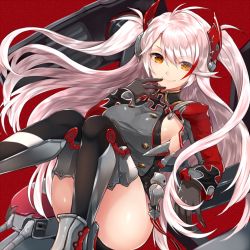 Rule 34 | 1girl, azur lane, black gloves, black thighhighs, boots, breasts, bright pupils, brown eyes, cannon, closed mouth, commentary request, convenient leg, cross, eyes visible through hair, feet out of frame, gloves, hair between eyes, hand to own mouth, hand up, iron cross, jacket, knees together feet apart, large breasts, long hair, long sleeves, looking at viewer, machinery, armored boots, military, military uniform, multicolored hair, orange eyes, pink hair, prinz eugen (azur lane), red background, rigging, simple background, smile, solo, streaked hair, sukemyon, thighhighs, thighs, two side up, uniform, very long hair