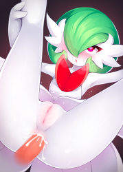 Rule 34 | 1boy, 1girl, :o, anal, ass, blush, cleft of venus, colored skin, creatures (company), cum, cum in ass, cum overflow, disembodied penis, dress, ejaculation, fat mons, game freak, gardevoir, gen 3 pokemon, green hair, hair over one eye, heart, heart-shaped pupils, heavy breathing, hetero, highres, legs up, mega gardevoir, mega pokemon, nintendo, orgasm, penis, pokemon, pokemon (creature), pokephilia, purple eyes, pussy, pussy juice, ricegnat, rolling eyes, sex, short hair, solo focus, spread legs, sweat, symbol-shaped pupils, thighs, uncensored, white dress, white skin