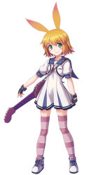 Rule 34 | 1girl, absurdres, animal ears, blonde hair, fingerless gloves, full body, gal gun, gal gun double peace, gloves, green eyes, guitar, highres, instrument, looking at viewer, shoes, short hair, short sleeves, simple background, skirt, smile, sneakers, solo, striped clothes, striped thighhighs, thighhighs, uno aoi, white background