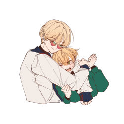 Rule 34 | 2boys, angry, blonde hair, brothers, brown eyes, closed mouth, green eyes, green jacket, hug, jacket, long sleeves, looking at another, mattre ss, multiple boys, one eye closed, open mouth, orange hair, paradox live, siblings, sunglasses, white background, white jacket, yeon dongha, yeon hajun
