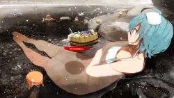 Rule 34 | 1girl, a&amp;w, ahoge, barefoot, blue hair, bucket, cirno, cup, female focus, frog, hinanawi tenshi, japanese macaque, monkey, naked towel, onsen, partially submerged, red eyes, sakazuki, short hair, siirakannu, smile, solo, touhou, towel, towel on head, wooden bucket
