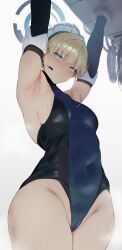 Rule 34 | 1girl, absurdres, armpits, arms up, black leotard, blonde hair, blue archive, blue eyes, blue leotard, blush, breasts, covered navel, cowboy shot, dildo, from below, groin, halo, highleg, highleg leotard, highres, kurowa, leotard, looking at viewer, looking down, maid, maid headdress, microphone, one-piece swimsuit, restrained, sex toy, short hair, sideboob, simple background, small breasts, solo, sweat, swimsuit, thighs, toki (blue archive), two-tone leotard, white background