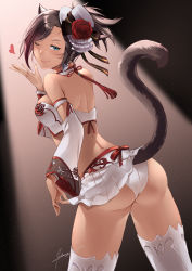 Rule 34 | 1girl, animal ears, ass, warrior of light (ff14), bandeau, black hair, braid, breasts, cat ears, cat tail, detached sleeves, facial mark, final fantasy, final fantasy xiv, from behind, green eyes, hat, heart, highres, looking at viewer, looking back, marie makise, medium breasts, miqo&#039;te, multicolored hair, nanase kokono, one eye closed, short hair, signature, skirt, slit pupils, solo, tail, thighhighs, two-tone hair, whisker markings