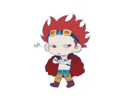 Rule 34 | 1boy, belt, blue belt, chibi, coat, crossed arms, eustass kid, goggles, goggles on head, highres, linerynlasgalen, looking to the side, male focus, one piece, pants, red coat, red eyes, red hair, short hair, simple background, solo, spiked hair, white background, yellow pants