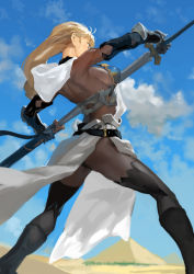 Rule 34 | 1girl, armor, ass, blonde hair, bob (biyonbiyon), bodystocking, boots, gloves, highres, holding, holding sword, holding weapon, hood, knight, long hair, original, pyramid (structure), scabbard, sheath, solo, sword, tabard, thighhighs, unsheathing, weapon