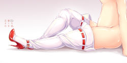Rule 34 | 1girl, breasts, collar, commentary request, head out of frame, high heels, hip focus, ichirino minagi, original, out of frame, red footwear, ribbon-trimmed thighhighs, ribbon trim, shoes, sitting, solo, stomach, thighhighs, thighs, topless, white thighhighs