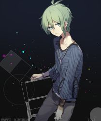Rule 34 | 1boy, amami rantaro, antenna hair, black background, chair, closed mouth, collarbone, cowboy shot, danganronpa (series), danganronpa v3: killing harmony, dated, gradient background, green eyes, green hair, grey background, hair between eyes, happy birthday, highres, huyuharu0214, jewelry, long sleeves, looking at viewer, male focus, necklace, pants, ring, shirt, short hair, smile, solo, striped clothes, striped shirt