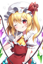 Rule 34 | 1girl, ascot, blonde hair, blush, closed mouth, collared shirt, commentary request, crystal, flandre scarlet, frills, hair between eyes, hand on own face, hand up, hat, hat ribbon, highres, jewelry, looking at viewer, mob cap, multicolored wings, one eye closed, one side up, pointing, puffy short sleeves, puffy sleeves, red eyes, red ribbon, red skirt, red vest, ribbon, shirt, short hair, short sleeves, simple background, skirt, skirt set, smile, solo, standing, star (symbol), suzuno naru, tongue, tongue out, touhou, vest, white background, white hat, white shirt, wings, wrist cuffs, yellow ascot