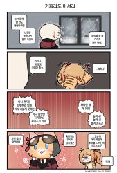Rule 34 | 1boy, 1girl, 4koma, :3, ^^^, ahoge, animal costume, artist name, bald, black necktie, blizzard, blue eyes, borrowed clothes, cat costume, caught, chibi, clip studio paint (medium), coat, cold, comic, commander (girls&#039; frontline), commentary request, eyewear on head, flower, frown, girls&#039; frontline, griffin &amp; kryuger military uniform, hair ribbon, hands on own cheeks, hands on own face, happy aura, headphones, highres, indoors, kalina (girls&#039; frontline), kalinya, korean commentary, korean text, long hair, long sleeves, madcore, necktie, orange hair, pixiv id, red coat, red ribbon, ribbon, side ponytail, sunglasses, translation request, trembling, window