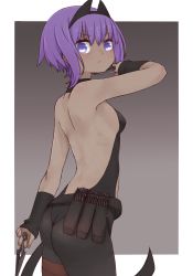 Rule 34 | 1girl, ass, back, backless outfit, bare shoulders, black bodysuit, black sleeves, bodysuit, closed mouth, dark-skinned female, dark skin, detached sleeves, fate/prototype, fate/prototype: fragments of blue and silver, fate (series), grey background, hair between eyes, hassan of serenity (fate), holding, holding weapon, i.u.y, kunai, long sleeves, looking at viewer, looking back, purple eyes, purple hair, sleeves past wrists, solo, two-tone background, v-shaped eyebrows, weapon, white background