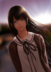 Rule 34 | 1girl, arms behind back, black hair, black ribbon, blue eyes, blurry, buttons, depth of field, diffraction spikes, dutch angle, itoguchi (manma melon), long hair, looking at viewer, neck ribbon, original, outdoors, ribbon, school uniform, sky, smile, solo, sunrise, upper body