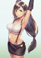 Rule 34 | 1girl, :d, absurdres, anbe yoshirou, armpits, arms up, bare shoulders, belt, black hair, black skirt, breasts, brown eyes, collarbone, commentary request, cowboy shot, crop top, earrings, elbow pads, final fantasy, final fantasy vii, gradient background, highres, jewelry, large breasts, long hair, looking at viewer, low-tied long hair, midriff, miniskirt, navel, open mouth, pencil skirt, shirt, skirt, sleeveless, sleeveless shirt, smile, solo, standing, stomach, suspender skirt, suspenders, tank top, taut clothes, taut shirt, tifa lockhart, very long hair, white shirt