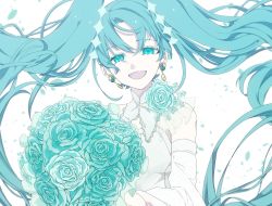 Rule 34 | 1girl, aqua eyes, aqua hair, blue flower, blue rose, bouquet, crypton future media, detached collar, detached sleeves, earrings, eiku, floating hair, flower, hatsune miku, highres, holding, holding bouquet, jewelry, long hair, looking at viewer, open mouth, piapro, rose, shirt, sleeveless, sleeveless shirt, smile, solo, twintails, upper body, very long hair, vocaloid, white background