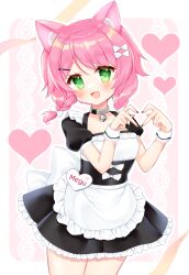Rule 34 | 1girl, :d, animal ear fluff, animal ears, apron, bell, black dress, black nails, blush, bow, braid, collarbone, commission, dress, frilled apron, frilled dress, frills, green eyes, hair between eyes, hair bow, hands up, heart, heart hands, highres, jingle bell, looking at viewer, nail polish, neck bell, open mouth, original, pink background, pink hair, pleated dress, puffy short sleeves, puffy sleeves, shikito (yawa0w0), short sleeves, skeb commission, smile, solo, thick eyebrows, twin braids, two-tone background, waist apron, white apron, white background, white bow, wrist cuffs