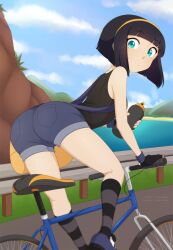 Rule 34 | 1girl, arched back, artist name, ass, bag, bare shoulders, bent over, bicycle, black gloves, black hair, black socks, black tank top, blue eyes, blue footwear, blue shorts, blue sky, blue wristband, blunt bangs, bob cut, body freckles, bottle, breasts, cloud, commentary, commission, denim, denim shorts, drink, english commentary, expressionless, fingerless gloves, freckles, from behind, from side, gloves, grass, grey socks, guard rail, hairband, highres, hill, holding, holding bottle, holding drink, kasia mikolajczyk, kneehighs, lake, leaning forward, looking at viewer, looking back, merunyaa, original, outdoors, patreon username, pixiv username, pursed lips, raised eyebrows, riding, riding bicycle, road, road bicycle, shoes, short hair, short shorts, shorts, shoulder bag, sky, sleeveless, small breasts, sneakers, socks, solo, striped clothes, striped socks, sweatdrop, tank top, two-tone socks, water, water bottle, wristband, yellow bag, yellow hairband