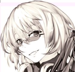 Rule 34 | 1girl, commentary request, girls&#039; frontline, greyscale, headphones, headphones around neck, highres, katagiri ags, looking at viewer, looking over eyewear, looking over glasses, messy hair, monochrome, portrait, rimless eyewear, smile, sunglasses, thompson (girls&#039; frontline), tinted eyewear, tsurime, white background, white hair