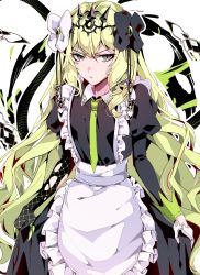 Rule 34 | 1girl, absurdres, aer007580, alternate costume, apron, asymmetrical gloves, black bow, black dress, bow, collared dress, commentary, dress, enmaided, frilled apron, frills, gloves, green gloves, green hair, green necktie, hair between eyes, hair bow, highres, honkai (series), honkai impact 3rd, juliet sleeves, long hair, long sleeves, maid, mismatched gloves, mobius (honkai impact), necktie, puffy sleeves, red eyes, solo, symbol-only commentary, v-shaped eyebrows, very long hair, white apron, white background, white bow, white gloves