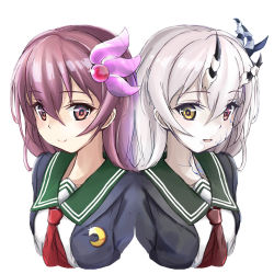 Rule 34 | 2girls, blue jacket, brown eyes, brown hair, commentary request, crescent, crescent pin, dual persona, green sailor collar, heterochromia, horns, jacket, kantai collection, kisaragi (kancolle), long hair, minosu, multiple girls, neckerchief, red eyes, red neckerchief, remodel (kantai collection), sailor collar, school uniform, serafuku, spoilers, upper body, white hair, yellow eyes