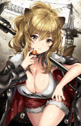 Rule 34 | 1girl, animal ears, arknights, artist name, black nails, blonde hair, blush, breasts, brown eyes, candy, choker, cleavage, collarbone, commentary, food, fur-trimmed jacket, fur-trimmed shorts, fur trim, hair between eyes, highres, holding, holding food, jacket, large breasts, leather choker, lion ears, lion tail, lollipop, long hair, looking at viewer, messy hair, nail polish, ponytail, red shorts, shorts, siege (arknights), solo, squchan, tail, tank top, thighs, war hammer, watermark, weapon, web address