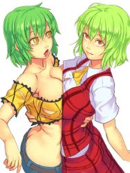 Rule 34 | 2girls, ascot, bare shoulders, breast press, breasts, butt crack, cleavage, crop top, crossover, green hair, hand on back, hikage (senran kagura), kazami yuuka, large breasts, look-alike, looking at viewer, midriff, multiple girls, plaid, plaid skirt, plaid vest, red eyes, senran kagura, senran kagura (series), short hair, simple background, skirt, symmetrical docking, tongue, tongue out, torn clothes, touhou, trait connection, vest, white background, yellow eyes, yuri, yuuji (and)