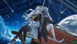 2girls absurdres aqua_skirt aqua_thighhighs astral_express_(honkai:_star_rail) black_hairband black_jacket black_thighhighs cropped_jacket falling_star firefly_(honkai:_star_rail) floating_hair gradient_legwear grey_hair hair_between_eyes hair_ornament hairband highres holding holding_phone holy_guagua honkai:_star_rail honkai_(series) jacket long_hair long_sleeves multicolored_eyes multiple_girls night night_sky no_shoes open_mouth phone shirt skirt sky smile socks star_(sky) starry_sky stelle_(honkai:_star_rail) thighhighs trailblazer_(honkai:_star_rail) white_footwear white_shirt white_socks