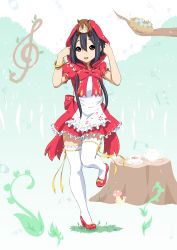 Rule 34 | 2girls, :d, absurdres, animal ears, big bad wolf, big bad wolf (cosplay), black hair, bracelet, brown eyes, brown hair, cosplay, highres, hirasawa yui, hood, jewelry, k-on!, little red riding hood, little red riding hood (grimm), little red riding hood (grimm) (cosplay), long hair, mini person, minigirl, multiple girls, nakano azusa, oku no shi, open mouth, puffy short sleeves, puffy sleeves, red footwear, ribbon-trimmed legwear, ribbon trim, shoes, short hair, short sleeves, smile, thighhighs, twintails, white legwear
