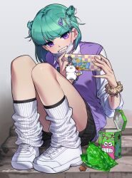 Rule 34 | 1girl, absurdres, bike shorts, blue hair, blush, bow, bowtie, box, cellphone, cellphone charm, charm (object), cheetah print, clenched teeth, collared shirt, double bun, earrings, hair bun, hair ornament, hairclip, highres, holding, holding phone, jewelry, knees up, looking down, loose socks, mask, mask pull, mouth mask, multiple earrings, nail polish, nyancul, original, phone, plaid, plaid skirt, pleated skirt, purple eyes, school uniform, scrunchie, sharp teeth, shirt, shoes, short eyebrows, short hair, sitting, sitting on stairs, skirt, sleeves rolled up, smartphone, sneakers, socks, stairs, sweater vest, teeth, wrapper, wrist scrunchie, x hair ornament
