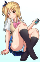 Rule 34 | 1girl, ass, black socks, blonde hair, breasts, brown eyes, cellphone, collarbone, fairy tail, female focus, gradient background, hazukashi goddamns, kneehighs, large breasts, legs, long hair, looking at viewer, lucy heartfilia, miniskirt, panties, pantyshot, phone, shirt, side ponytail, simple background, sitting, skirt, smartphone, smile, socks, solo, striped clothes, striped panties, tattoo, thighs, underwear, uniform