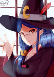 Rule 34 | 1girl, absurdres, artist name, blue hair, choker, collarbone, gar32, glasses, grey choker, hat, hat feather, highres, little witch academia, long hair, looking at viewer, red eyes, rimless eyewear, smile, solo, ursula callistis, waving, wide sleeves, witch, witch hat