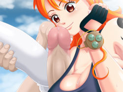 Rule 34 | 1boy, 2girls, breasts, rabbit, carrot (one piece), cleavage, large breasts, long hair, multiple girls, nami (one piece), nude, one piece, orange hair, penis, smile, tail, tattoo