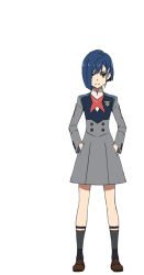 Rule 34 | 10s, 1girl, blue hair, brown footwear, darling in the franxx, expressionless, full body, green eyes, hair ornament, hair over one eye, hairclip, hands in pockets, ichigo (darling in the franxx), legwear garter, looking at viewer, mary janes, official art, shoes, simple background, socks, solo, standing, transparent background